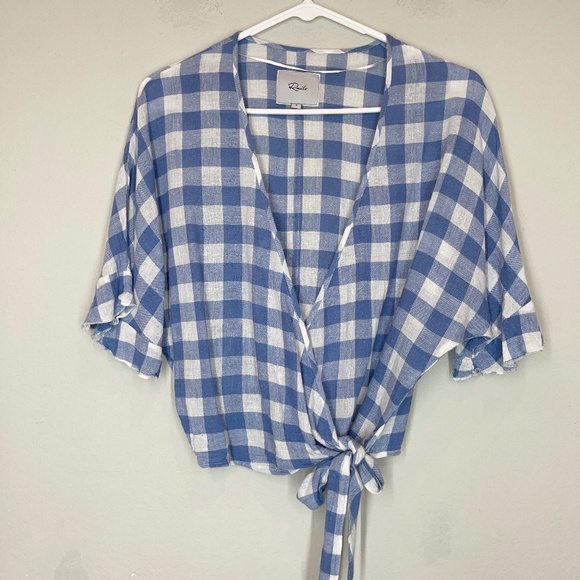 Rails Athena Periwinkle Gingham Wrap Top Women's Size S Linen Blend Crop - Picture 1 of 10